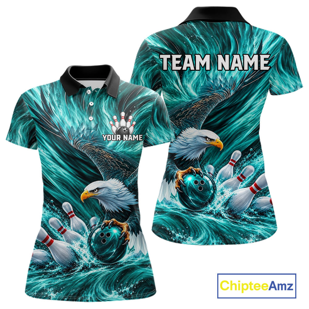 Custom Teal Eagle Water Splash Bowling Polo 1/4-Zip Personalized Bowling League Jersey For Women NYN4633