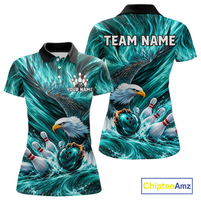 Custom Teal Eagle Water Splash Bowling Polo 1/4-Zip Personalized Bowling League Jersey For Women NYN4633