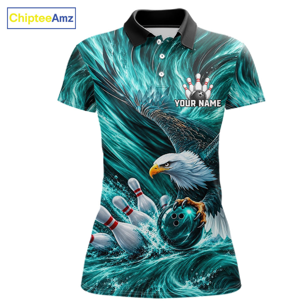 Custom Teal Eagle Water Splash Bowling Polo 1/4-Zip Personalized Bowling League Jersey For Women NYN4633