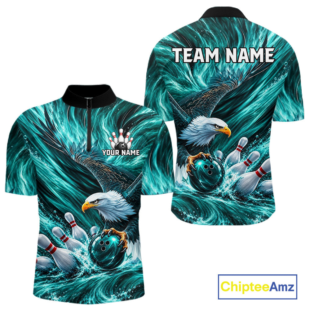 Custom Teal Eagle Water Splash Bowling Polo 1/4-Zip Personalized Bowling League Jersey For Men NYN4633