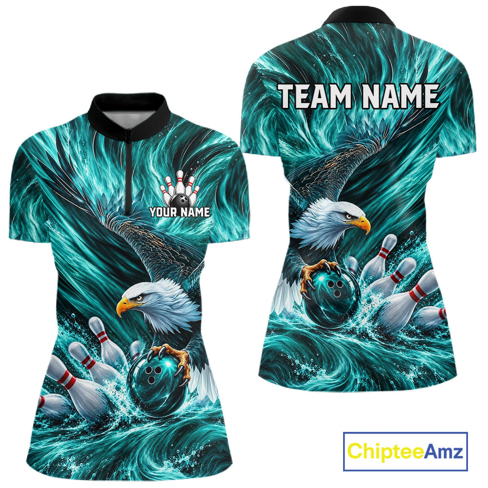 Custom Teal Eagle Water Splash Bowling Polo 1/4-Zip Personalized Bowling League Jersey For Women NYN4633