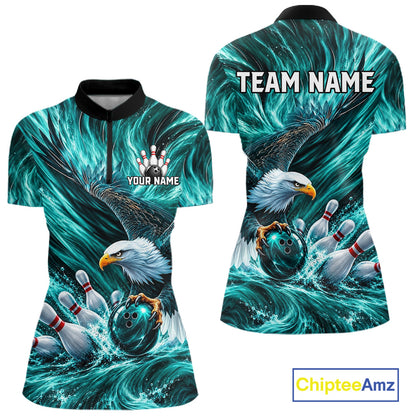 Custom Teal Eagle Water Splash Bowling Polo 1/4-Zip Personalized Bowling League Jersey For Women NYN4633