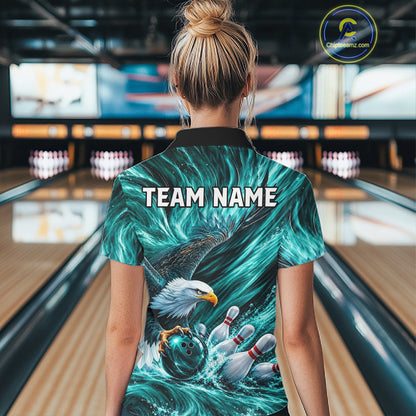 Custom Teal Eagle Water Splash Bowling Polo 1/4-Zip Personalized Bowling League Jersey For Women NYN4633