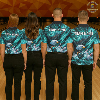 Custom Teal Eagle Water Splash Bowling Polo 1/4-Zip Personalized Bowling League Jersey For Men NYN4633