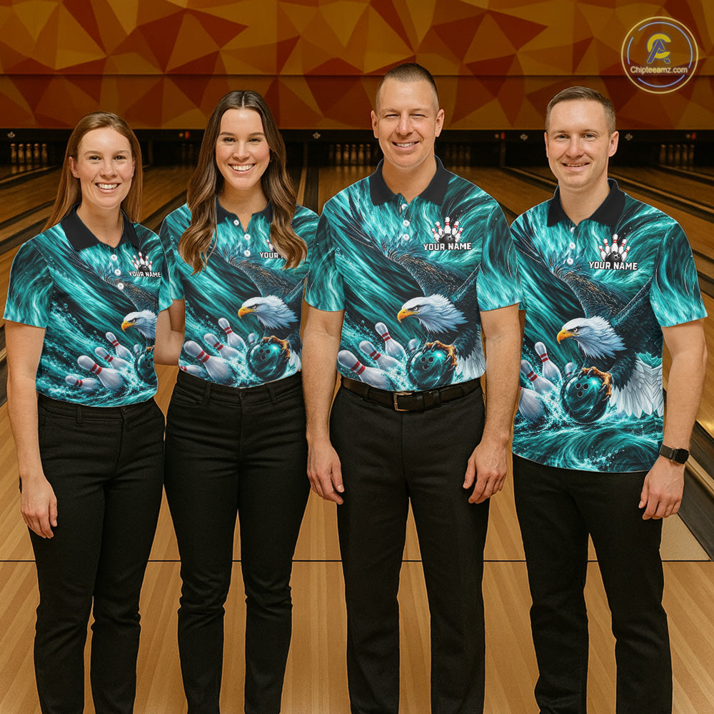 Custom Teal Eagle Water Splash Bowling Polo 1/4-Zip Personalized Bowling League Jersey For Men NYN4633