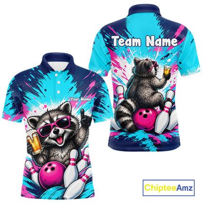 Funny Raccoon Bowling Polo 1/4-Zip Shirt For Men Pink Blue Splatter Raccoon Beer Bowling Team League NYN4641