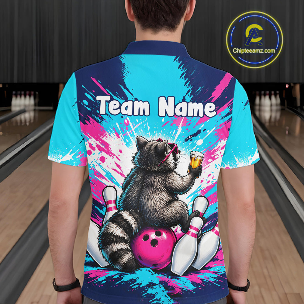 Funny Raccoon Bowling Polo 1/4-Zip Shirt For Men Pink Blue Splatter Raccoon Beer Bowling Team League NYN4641