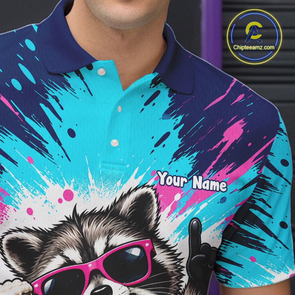 Funny Raccoon Bowling Polo 1/4-Zip Shirt For Men Pink Blue Splatter Raccoon Beer Bowling Team League NYN4641