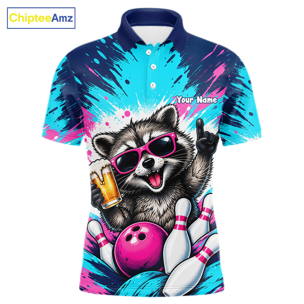 Funny Raccoon Bowling Polo 1/4-Zip Shirt For Men Pink Blue Splatter Raccoon Beer Bowling Team League NYN4641