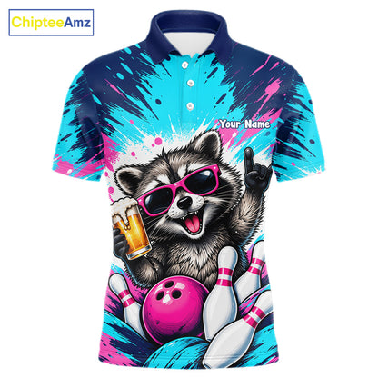 Funny Raccoon Bowling Polo 1/4-Zip Shirt For Men Pink Blue Splatter Raccoon Beer Bowling Team League NYN4641