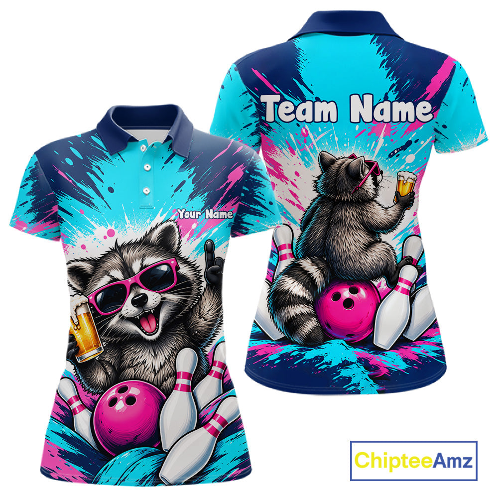 Funny Raccoon Bowling Polo 1/4-Zip Shirt For Women Pink Blue Splatter Raccoon Beer Bowling Team League NYN4641