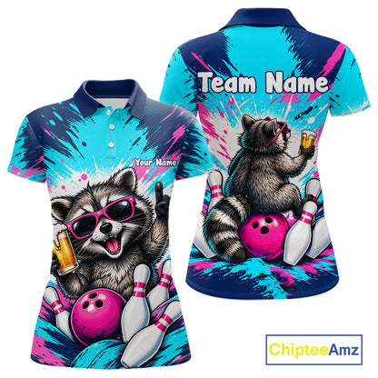 Funny Raccoon Bowling Polo 1/4-Zip Shirt For Women Pink Blue Splatter Raccoon Beer Bowling Team League NYN4641