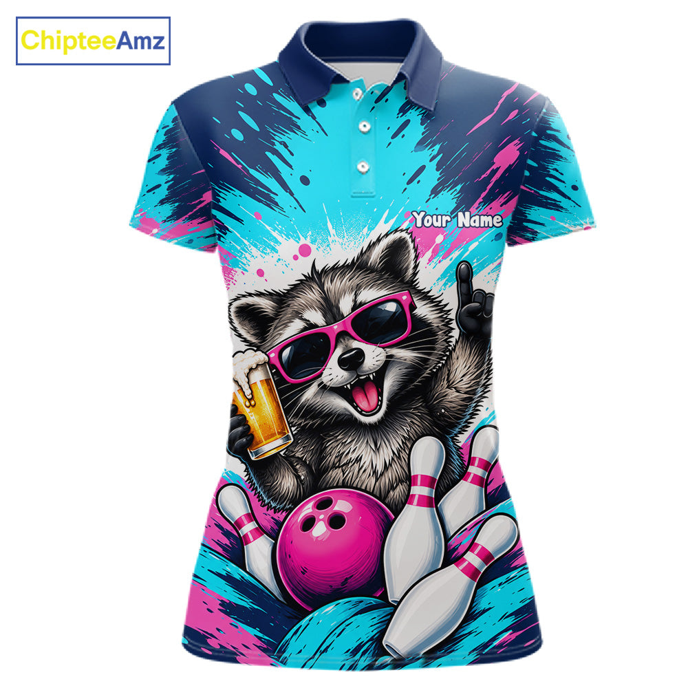 Funny Raccoon Bowling Polo 1/4-Zip Shirt For Women Pink Blue Splatter Raccoon Beer Bowling Team League NYN4641