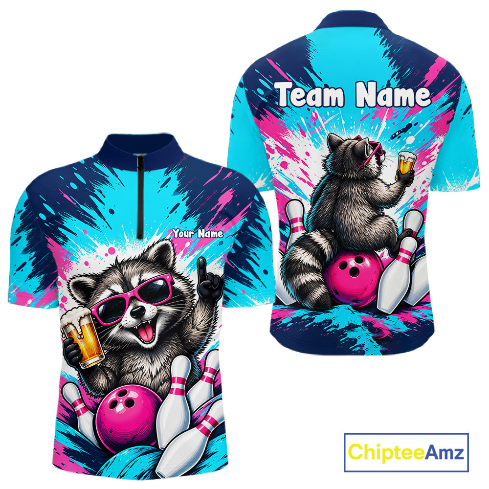 Funny Raccoon Bowling Polo 1/4-Zip Shirt For Men Pink Blue Splatter Raccoon Beer Bowling Team League NYN4641