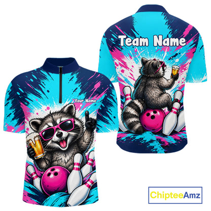 Funny Raccoon Bowling Polo 1/4-Zip Shirt For Men Pink Blue Splatter Raccoon Beer Bowling Team League NYN4641