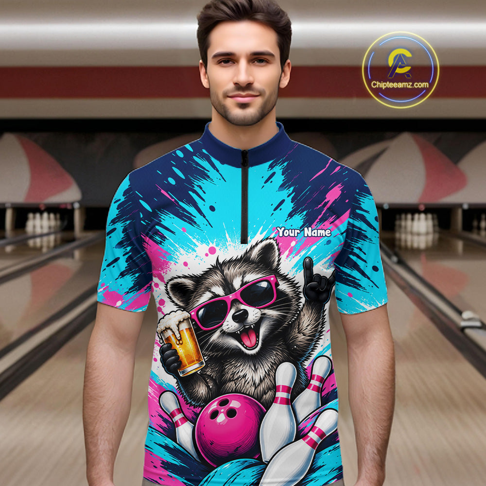 Funny Raccoon Bowling Polo 1/4-Zip Shirt For Men Pink Blue Splatter Raccoon Beer Bowling Team League NYN4641