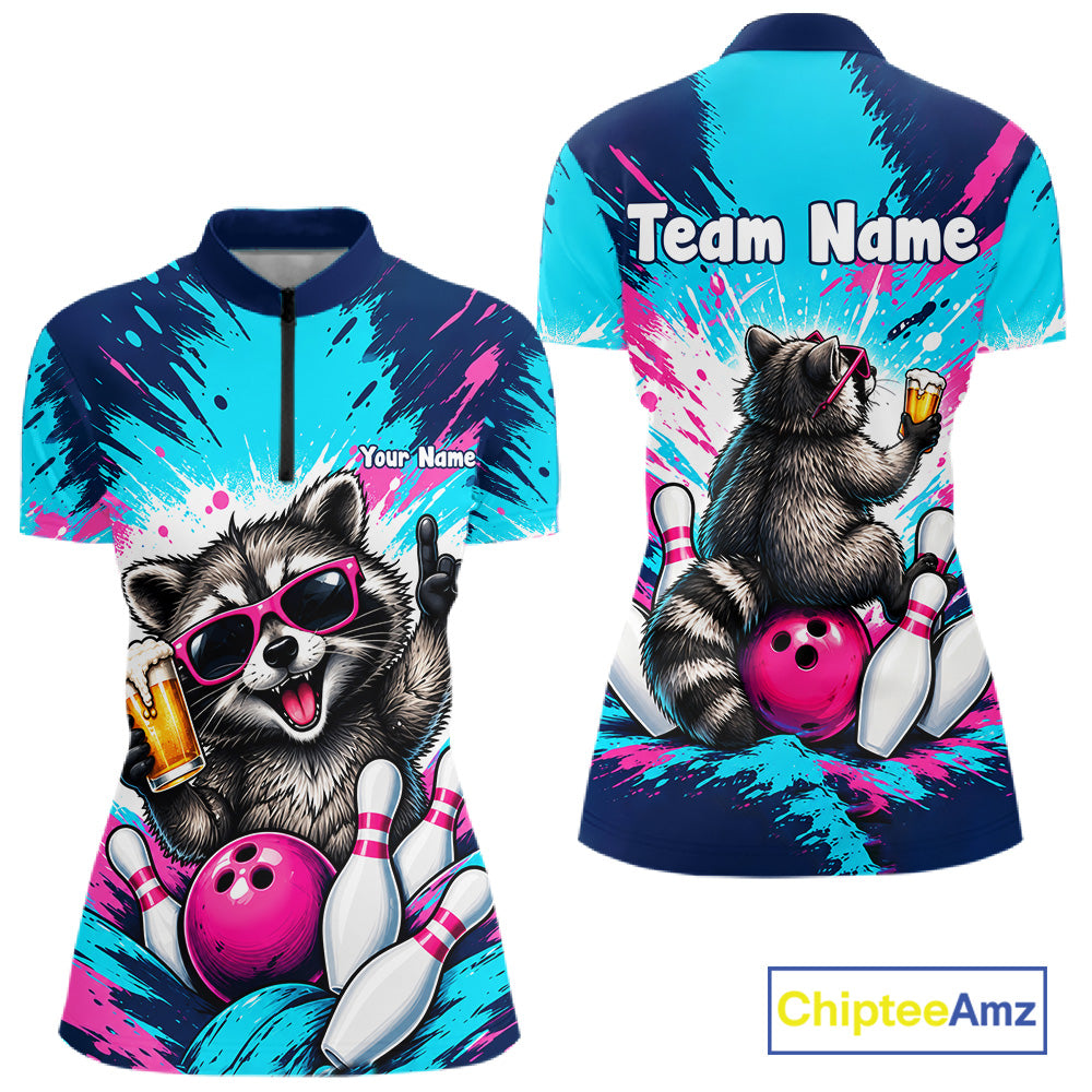 Funny Raccoon Bowling Polo 1/4-Zip Shirt For Women Pink Blue Splatter Raccoon Beer Bowling Team League NYN4641