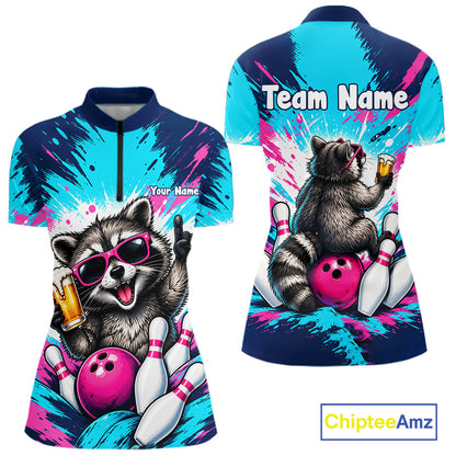 Funny Raccoon Bowling Polo 1/4-Zip Shirt For Women Pink Blue Splatter Raccoon Beer Bowling Team League NYN4641