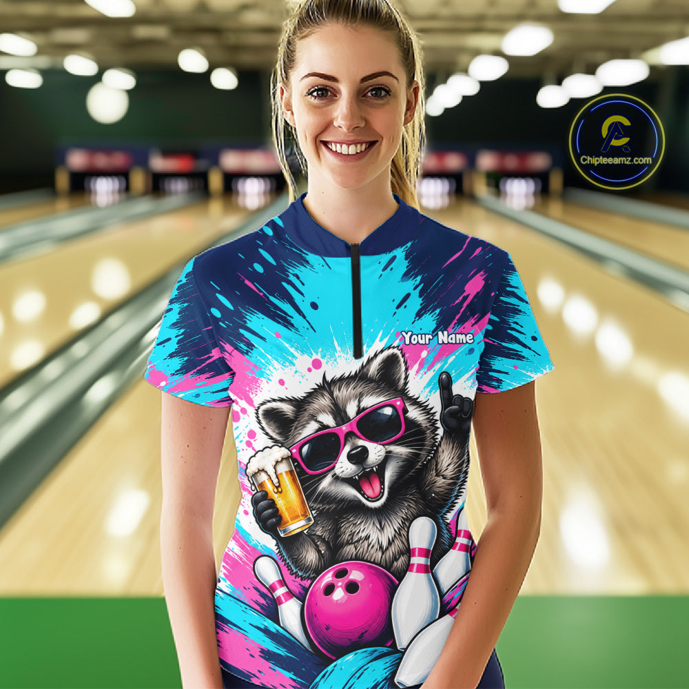 Funny Raccoon Bowling Polo 1/4-Zip Shirt For Women Pink Blue Splatter Raccoon Beer Bowling Team League NYN4641