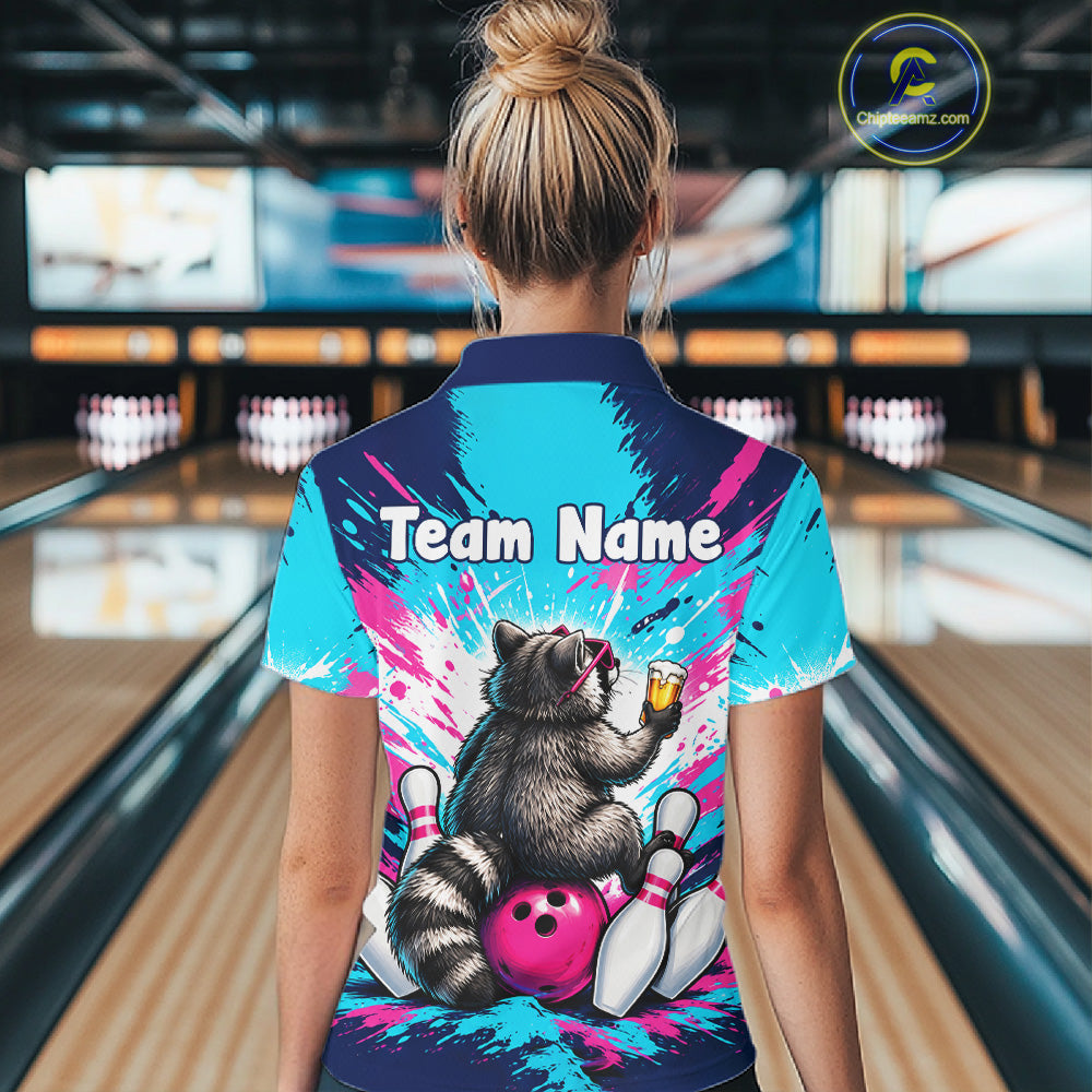 Funny Raccoon Bowling Polo 1/4-Zip Shirt For Women Pink Blue Splatter Raccoon Beer Bowling Team League NYN4641