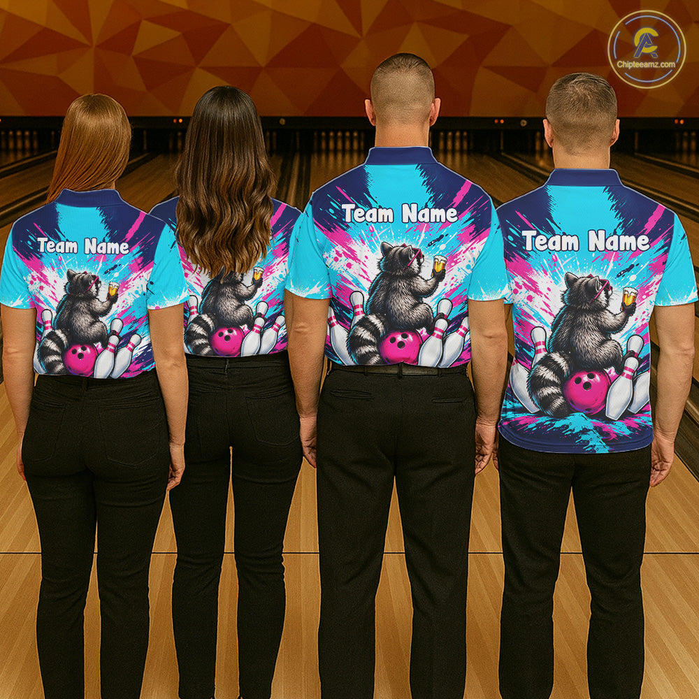 Funny Raccoon Bowling Polo 1/4-Zip Shirt For Men Pink Blue Splatter Raccoon Beer Bowling Team League NYN4641
