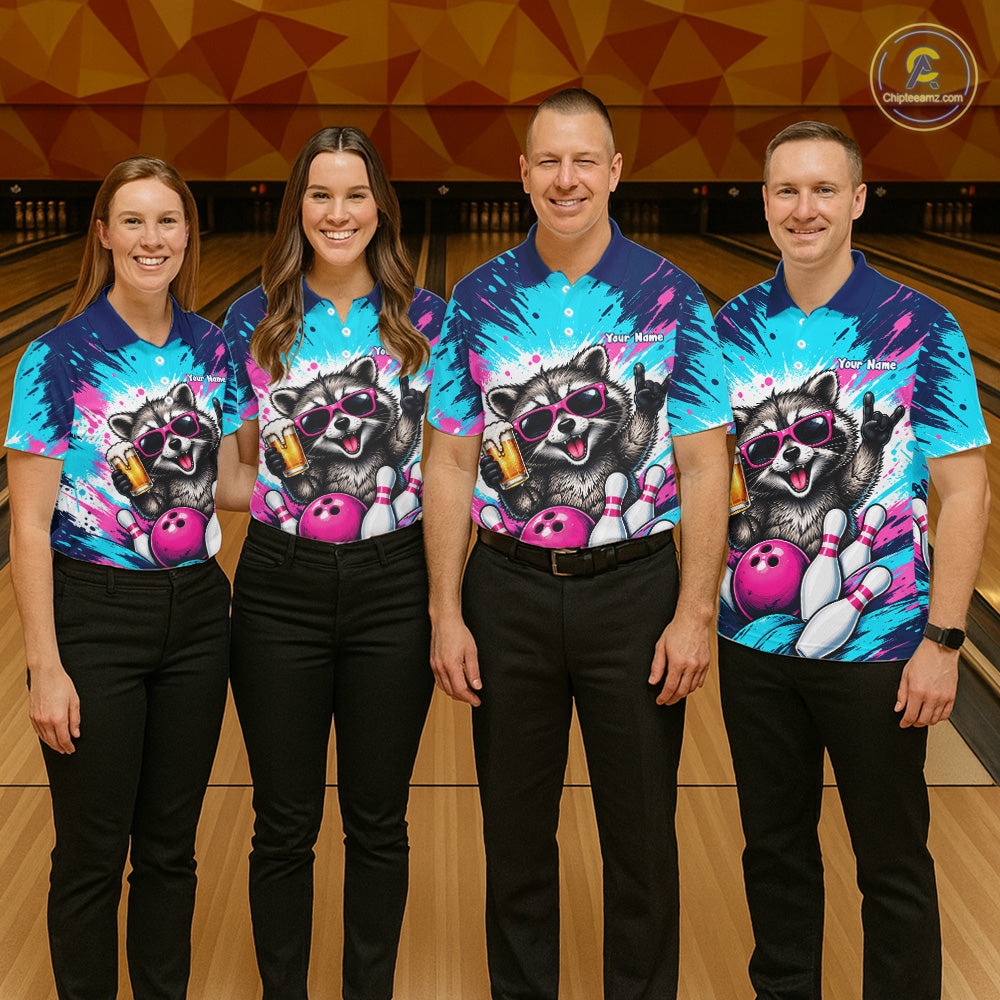 Funny Raccoon Bowling Polo 1/4-Zip Shirt For Men Pink Blue Splatter Raccoon Beer Bowling Team League NYN4641