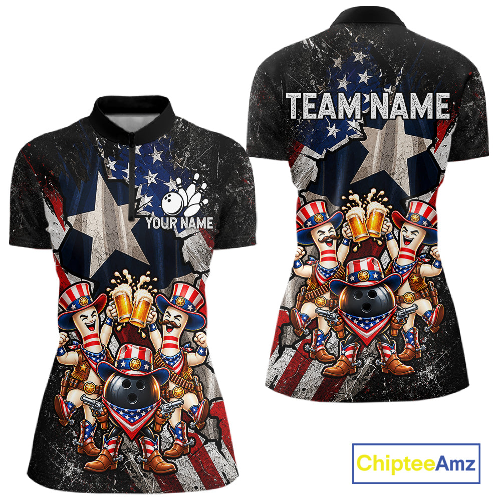 Funny Beer Cowboy Bowling Patriotic Women Bowling Shirt Custom Texas - US Flag Youth Bowling Team Jersey NYN4998
