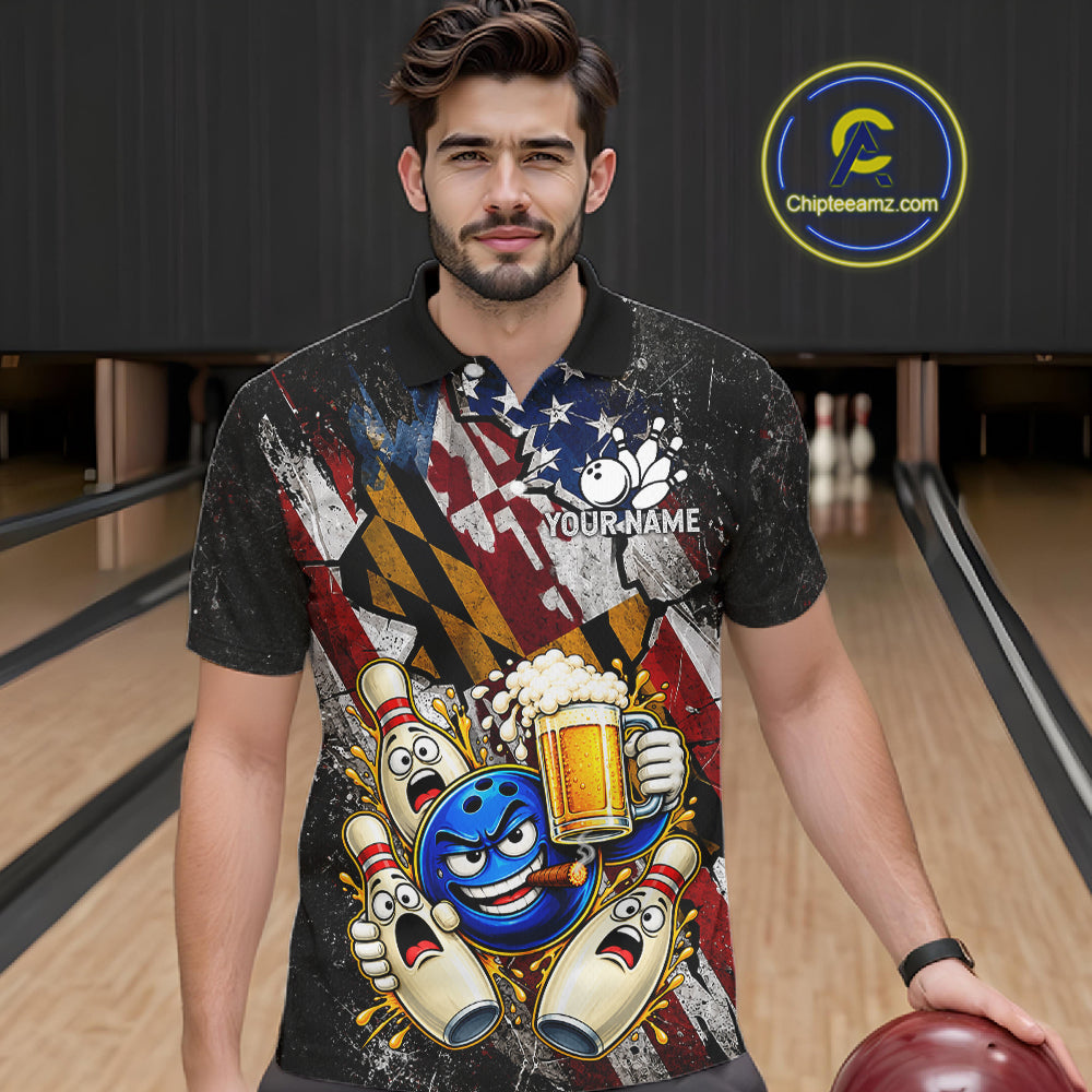 Funny Cheer Beer Bowling Shirt For Men Custom Patriotic Maryland - US Flag Youth Bowling Team Jersey NYN5001