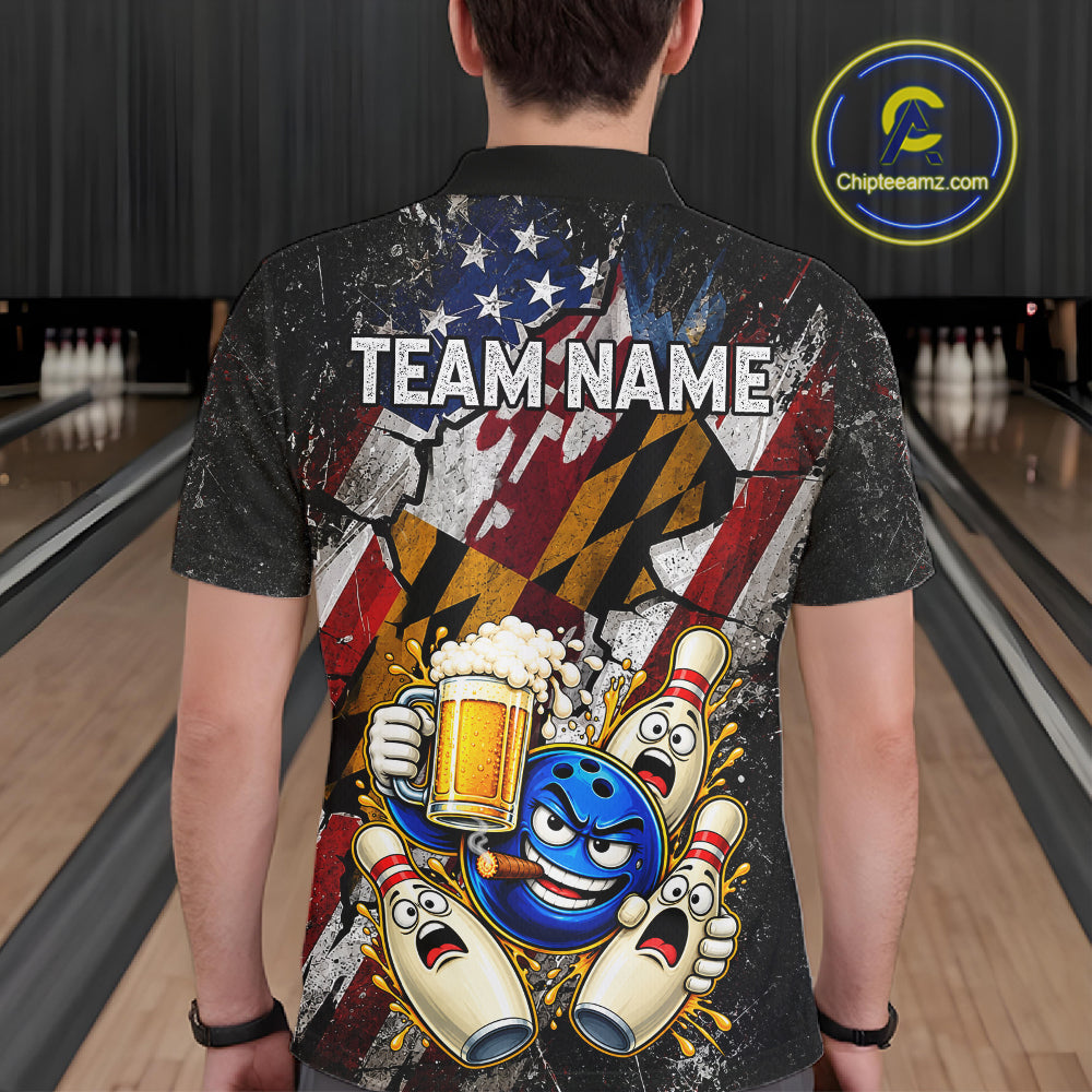 Funny Cheer Beer Bowling Shirt For Men Custom Patriotic Maryland - US Flag Youth Bowling Team Jersey NYN5001