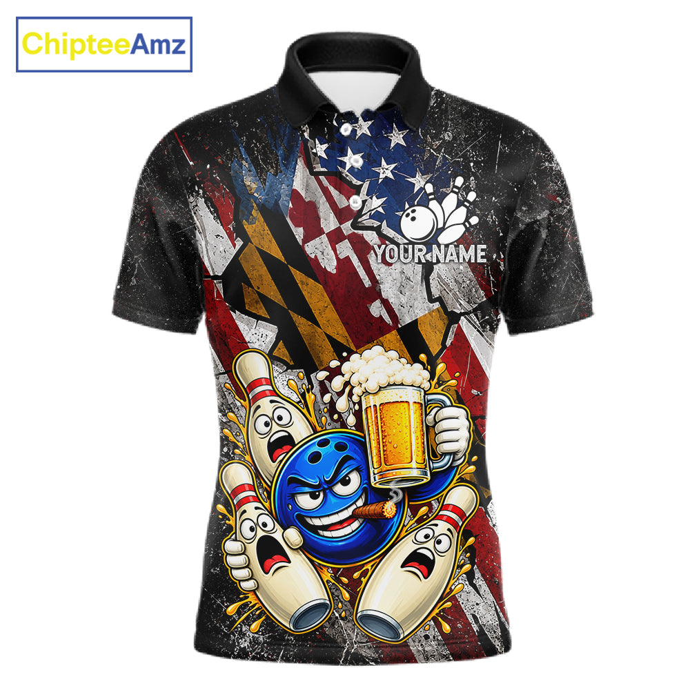 Funny Cheer Beer Bowling Shirt For Men Custom Patriotic Maryland - US Flag Youth Bowling Team Jersey NYN5001