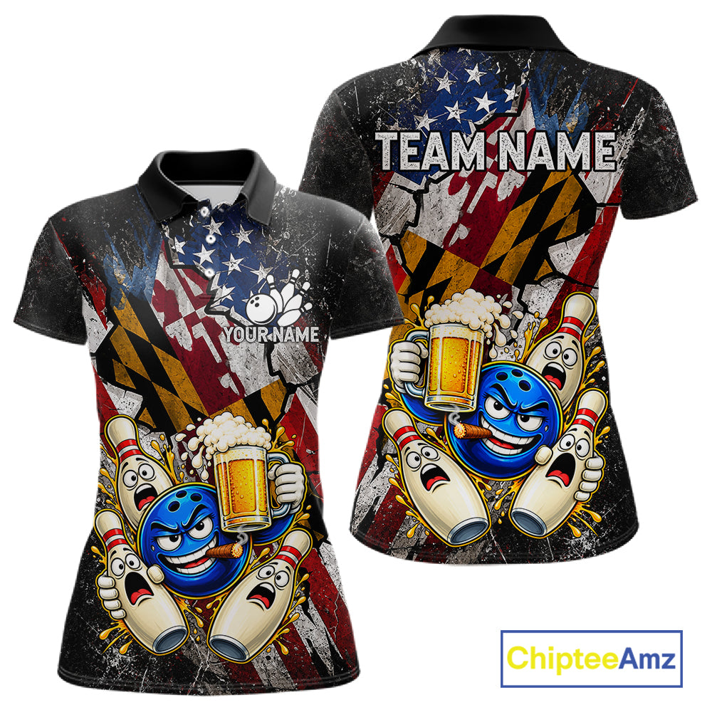 Funny Cheer Beer Bowling Shirt For Women Custom Patriotic Maryland - US Flag Youth Bowling Team Jersey NYN5001