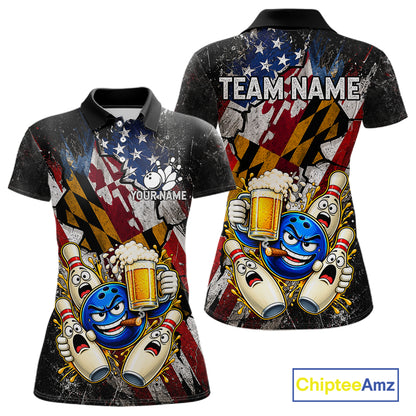 Funny Cheer Beer Bowling Shirt For Women Custom Patriotic Maryland - US Flag Youth Bowling Team Jersey NYN5001