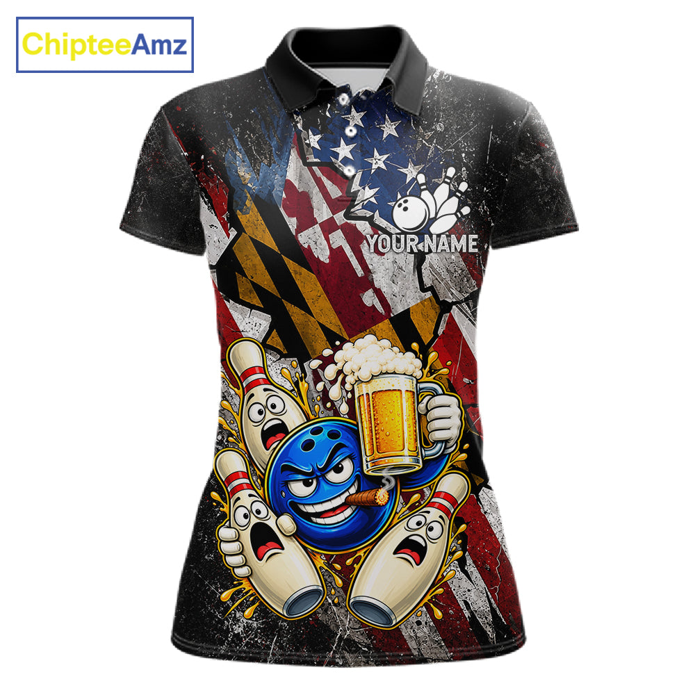 Funny Cheer Beer Bowling Shirt For Women Custom Patriotic Maryland - US Flag Youth Bowling Team Jersey NYN5001