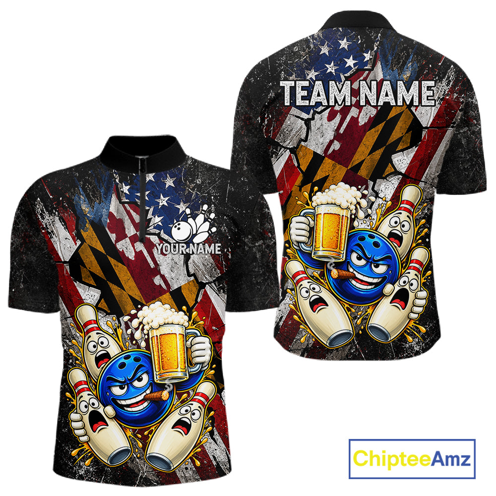 Funny Cheer Beer Bowling Shirt For Men Custom Patriotic Maryland - US Flag Youth Bowling Team Jersey NYN5001