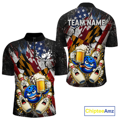 Funny Cheer Beer Bowling Shirt For Men Custom Patriotic Maryland - US Flag Youth Bowling Team Jersey NYN5001