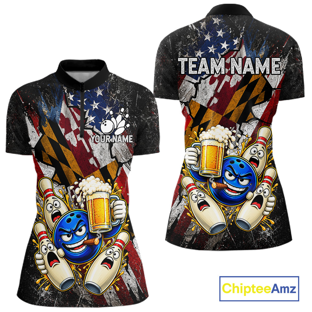 Funny Cheer Beer Bowling Shirt For Women Custom Patriotic Maryland - US Flag Youth Bowling Team Jersey NYN5001