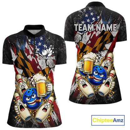 Funny Cheer Beer Bowling Shirt For Women Custom Patriotic Maryland - US Flag Youth Bowling Team Jersey NYN5001