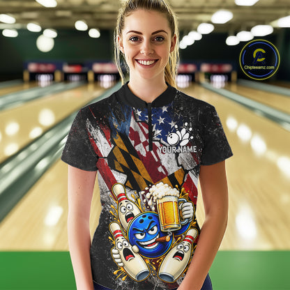 Funny Cheer Beer Bowling Shirt For Women Custom Patriotic Maryland - US Flag Youth Bowling Team Jersey NYN5001