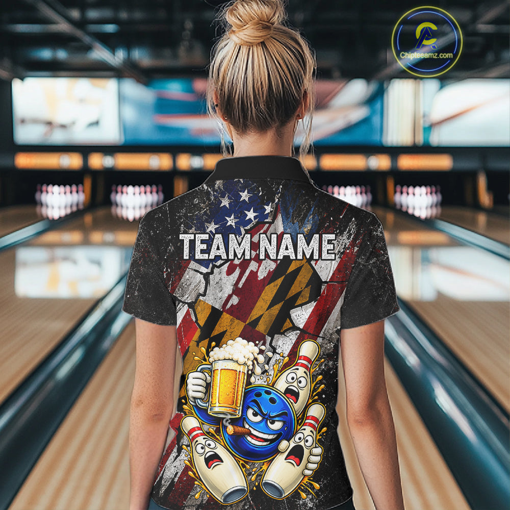 Funny Cheer Beer Bowling Shirt For Women Custom Patriotic Maryland - US Flag Youth Bowling Team Jersey NYN5001