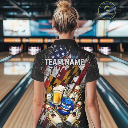 Funny Cheer Beer Bowling Shirt For Women Custom Patriotic Maryland - US Flag Youth Bowling Team Jersey NYN5001