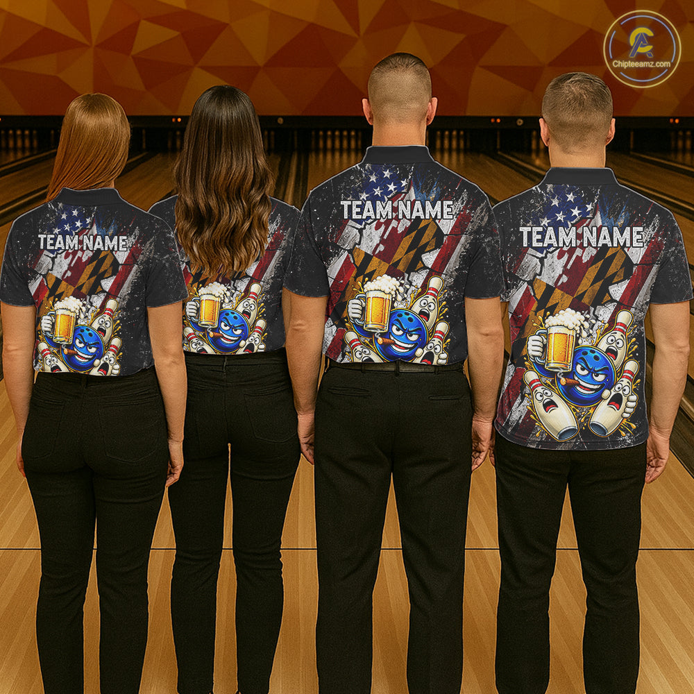 Funny Cheer Beer Bowling Shirt For Men Custom Patriotic Maryland - US Flag Youth Bowling Team Jersey NYN5001