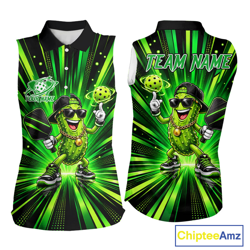 Custom Green Strikes Funny Pickle Sleeveless Polo Shirt For Women Custom Name Pickleball Tournament Shirt NYN5012