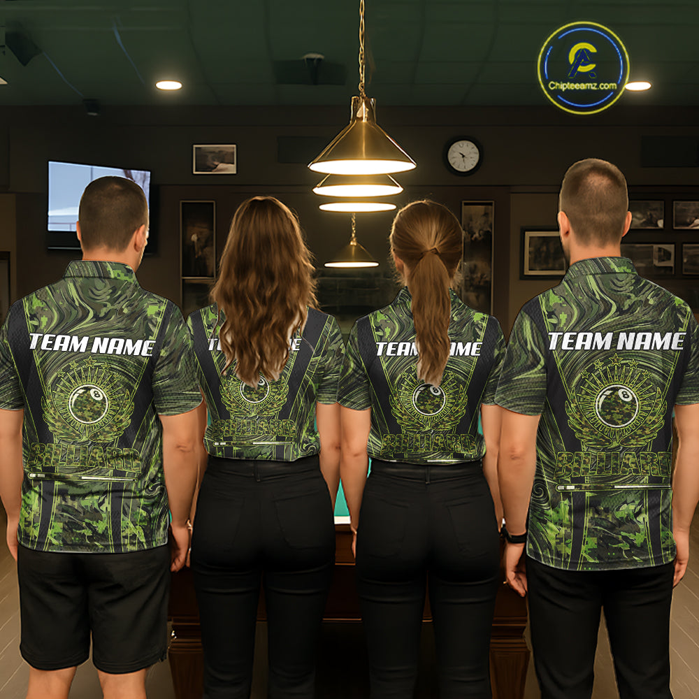 Green Camo 8 Ball Billiard Polo & 1/4 Zip Shirt For Men Custom Pool Team Shirt, Billiard Clothes NYN2941