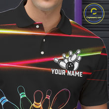 Load image into Gallery viewer, Male bowler wearing Orange and Green Neon rainbow bowling jersey, custom bowling team shirt, colorful bowling league apparel