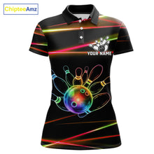 Load image into Gallery viewer, Orange and Green Neon women's bowling polo shirt custom colorful rainbow bowling team jersey, personalized bowling league uniform, custom name bowling shirt, performance bowling apparel