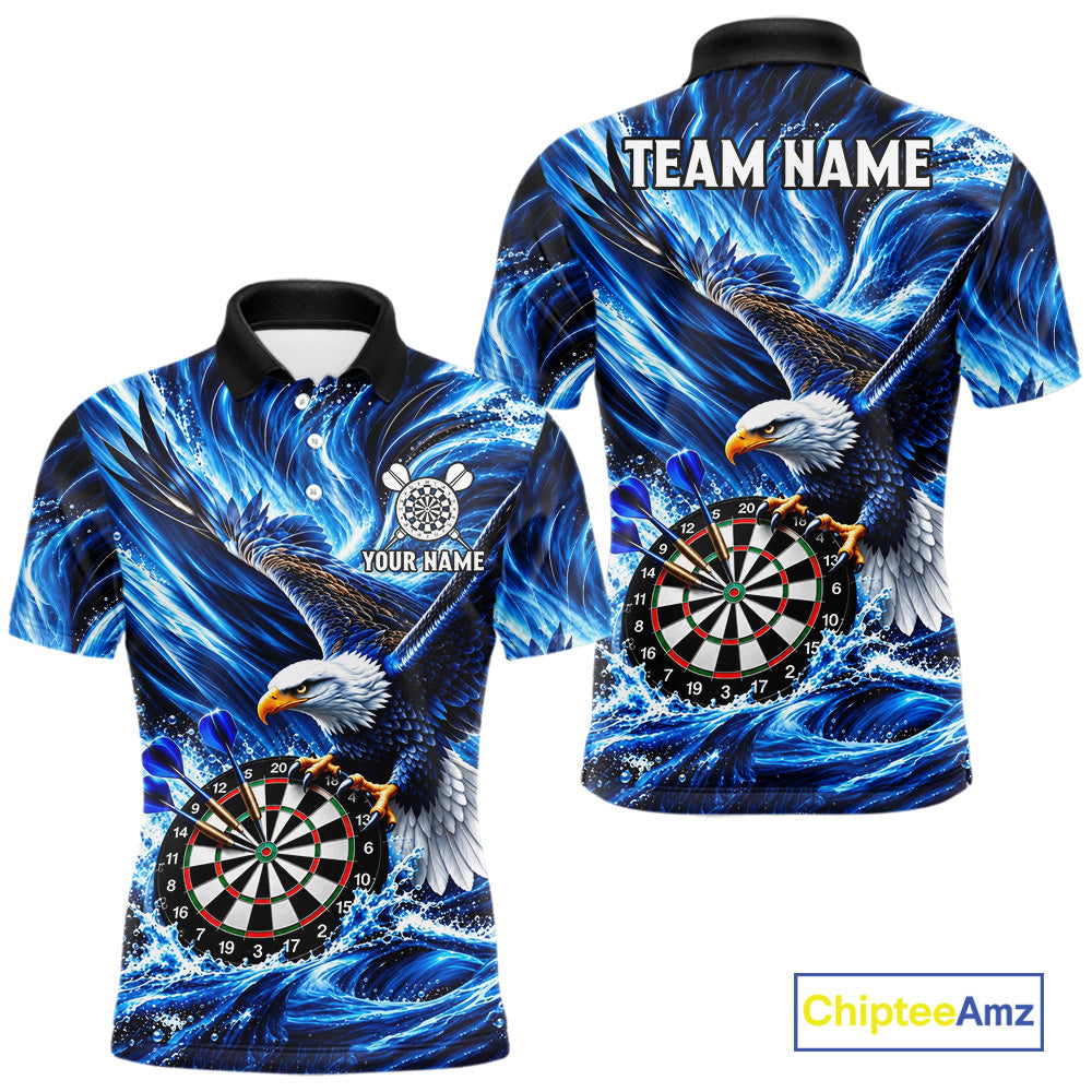 Custom Mens Eagle Darts Polo Quarter-Zip Shirt Blue Water Splash Darts Tournament Team Shirt NYN4661