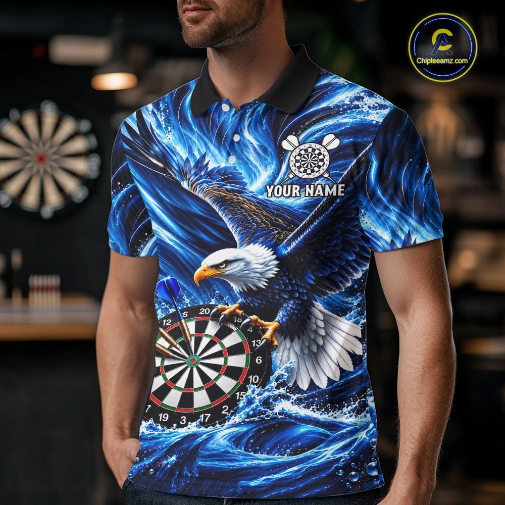Custom Mens Eagle Darts Polo Quarter-Zip Shirt Blue Water Splash Darts Tournament Team Shirt NYN4661