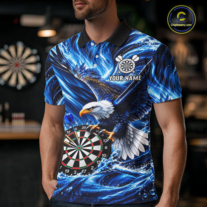 Custom Mens Eagle Darts Polo Quarter-Zip Shirt Blue Water Splash Darts Tournament Team Shirt NYN4661