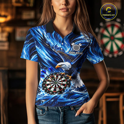 Custom Women Eagle Darts Polo Quarter-Zip Shirt Blue Water Splash Darts Tournament Team Shirt NYN4661