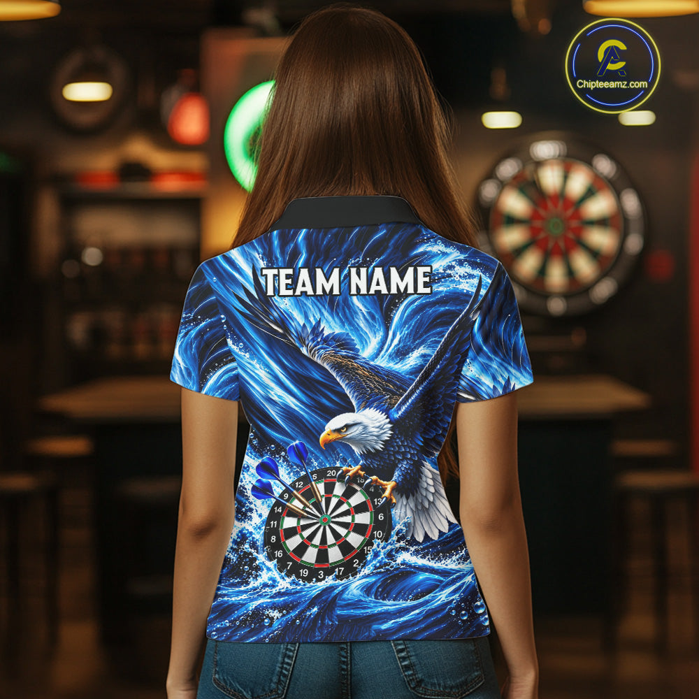 Custom Women Eagle Darts Polo Quarter-Zip Shirt Blue Water Splash Darts Tournament Team Shirt NYN4661